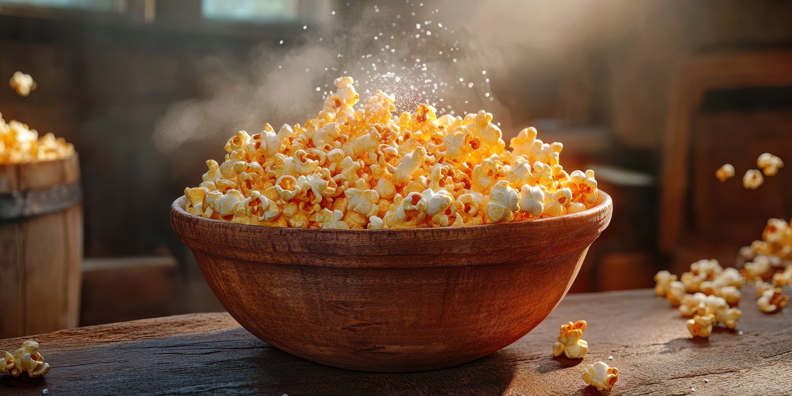 Fresh popcorn being prepared in a rustic kitchen on a cozy afternoon with warm lighting
